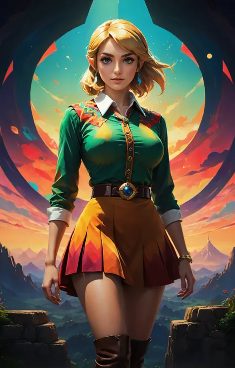 triadic colors, head and shoulders, solo, Legend of Zelda style art of a painting BREAK beautiful Kuwaiti woman with a tired expression (curvy and busty:2) (puffy eyes:1.4), (wearing Printed collared shirt worn with a suede button-front flared skirt, accessorized with a wide belt and ankle boots.:1.4) BREAK inspired by Tadeusz Brzozowski, behance contest winner, geometric abstract art, vibrant tourism poster, setting sun, miro, amoled wallpaper<lora:xl_more_art-full_v1:0.5>, Vibrant, fantasy, detailed, epic, heroic, reminiscent of The Legend of Zelda series, <lora:xl_more_art-full_v1:.25>, cinematic lighting, (rim lighting, side lighting:1.4), bokeh, 4k