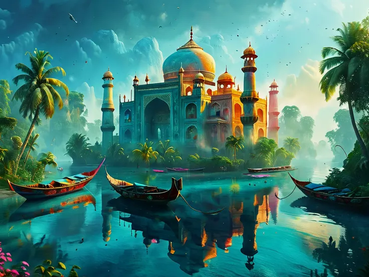 highly detailed, 8k, 

A colorful depiction of the Taj Mahal on an island in the middle of the ocean surrounded by lush forest. Boats on the water.

Fantasy style, fantasy dreamlike art, airbrush painting, 

<lora:RMSDXL_Enhance:1>
<lora:MJ52:0.7>
<lora:add-detail-xl:0.8>
<lora:The_Dark_Side_of_the_Earth:0.8>