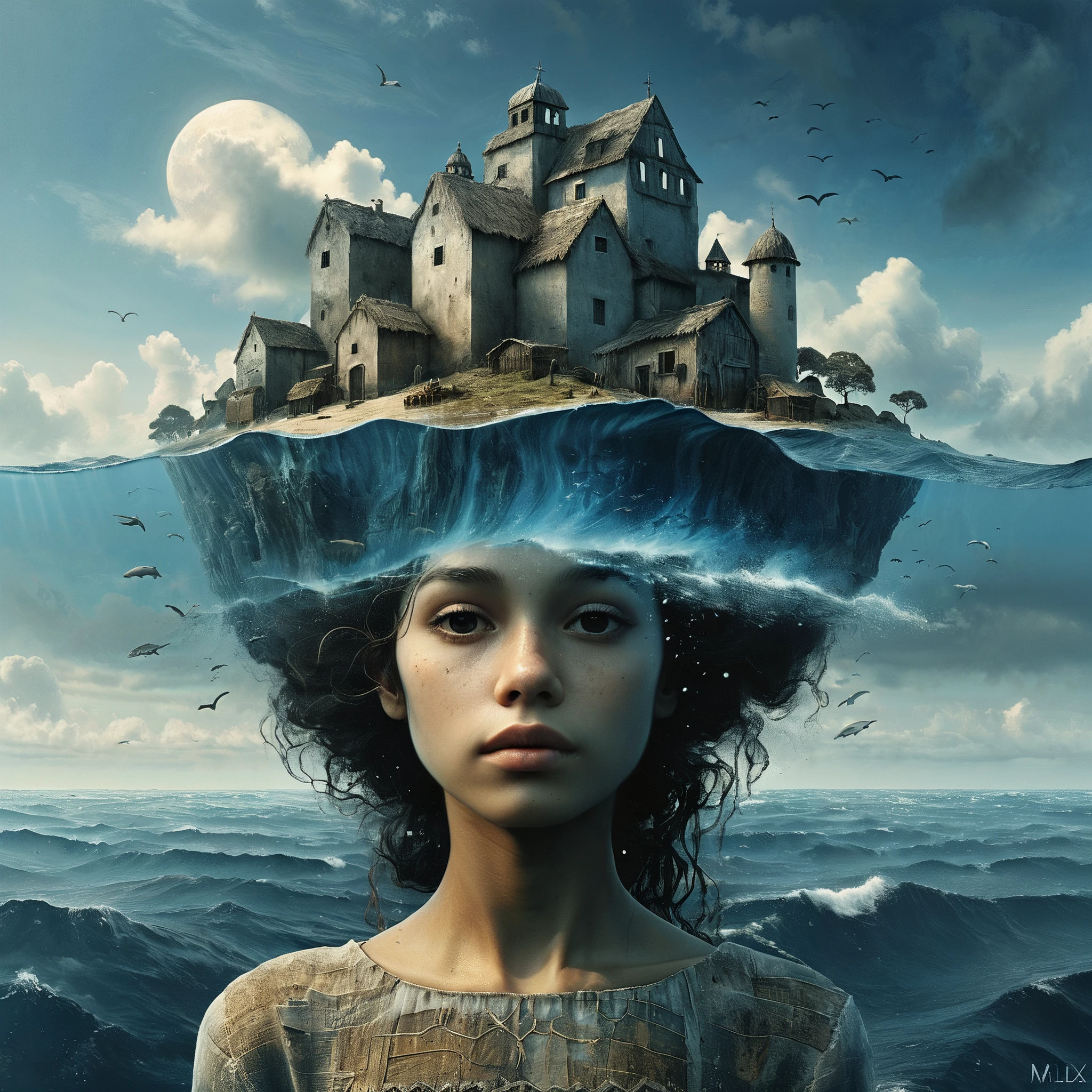 In the middle of a vast ocean is a head with a village on top of it.
Fantasy style. Dreamlike fantasy art. facing viewer.
hyperrealistic.
<lora:RMSDXL_Enhance:0.45>
<lora:add-detail-xl:0.8>
<lora:MJ56:0.3>
<lora:The_Dark_Side_of_the_Earth:0.8>