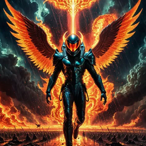 Alien-themed A fiery depiction of an Archangel raining down godly vengeance on countless sinners, brutal, gore, blood, apocalyptical scene, masterpiece, portrait,, Extraterrestrial, cosmic, otherworldly, mysterious, sci-fi, highly detailed<lora:Wiz-VintageComicBookCover_v01:1.0>