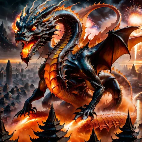An enormous, very realistic, sinewy flesh-covered, orange paint-splashed H.R. Giger-style Dragon is approaching from high above a futuristic Cambodian city during an epic fireworks display at sunset.