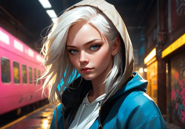highly detailed portrait of a sewer punk lady student, blue eyes, burberry hoodie, white hair by atey ghailan, by greg rutkowski, by greg tocchini, by james gilleard, by joe fenton, by kaethe butcher, gradient gold, black, (brown and pink color scheme:1.35), grunge aesthetic!!! ( ( graffiti tag wall background ) ) concept art, cgsociety, artstation, art by artgerm and