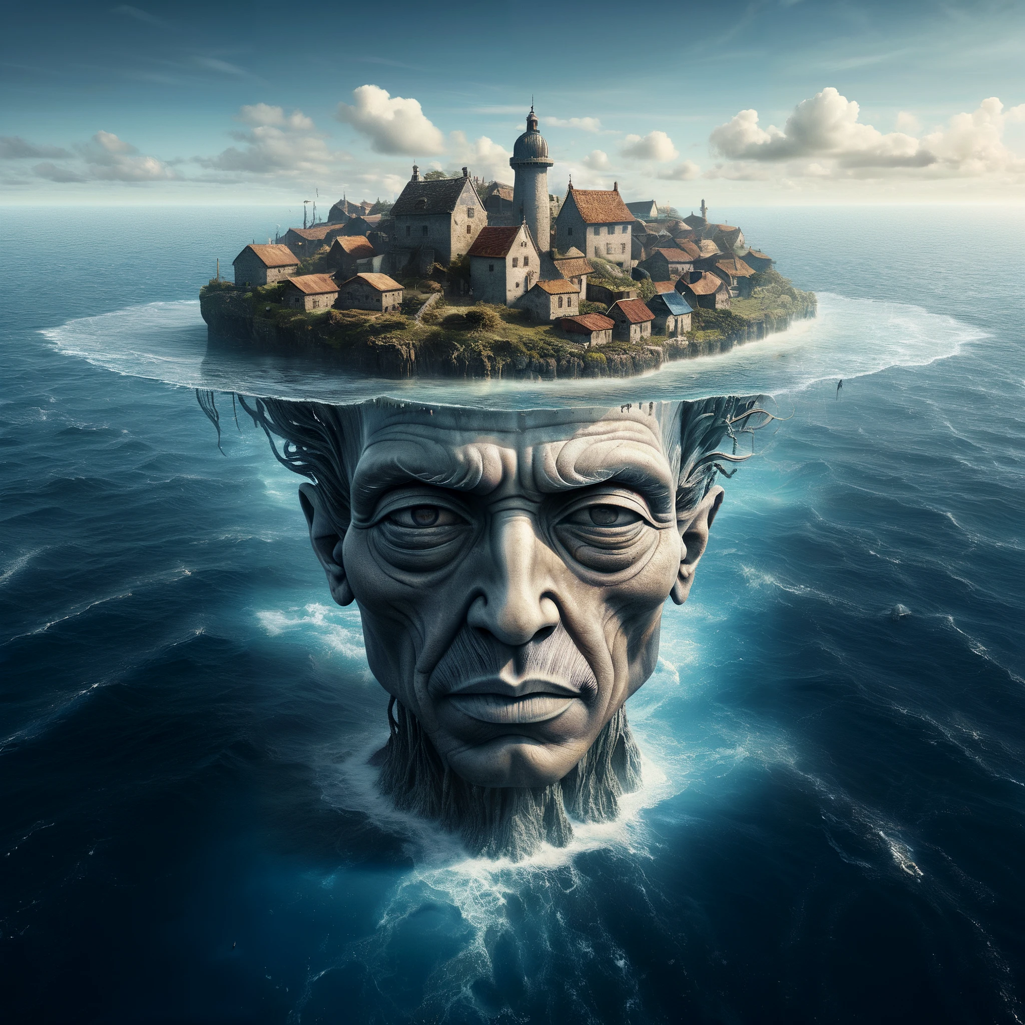 In the middle of a vast ocean a head appears above the surface of the sea. The top of the head is missing and in its place is a village.
Fantasy style. Dreamlike fantasy art. facing viewer.
hyperrealistic.
<lora:RMSDXL_Enhance:0.45>
<lora:add-detail-xl:0.8>