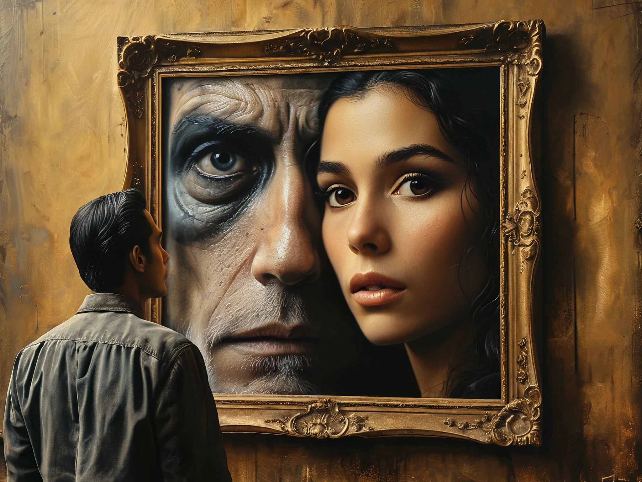 A man staring at an enormous framed artwork. Within the frame is a closeup of a beautiful woman he once knew. She looks him in the eye, pleading with him to enter the painting. hyperrealistic.
Fantasy style, fantasy dreamlike art.
<lora:RMSDXL_Enhance:0.45>
<lora:add-detail-xl:0.8>
<lora:MJ56:0.3>
<lora:The_Dark_Side_of_the_Earth:0.8>