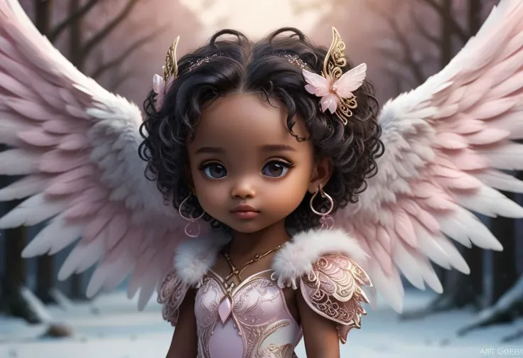 hyper detailed little chibi beautiful coherent face african angel, dark natural curly hair, fully body portrait, light pink jasmine, huge hyperdetailed fluffy wings, lots of fur, intricate filigree, winter background scene, in the style of illustration art by artgerm, charlie bowater and jennifer janesko and Diego Gisbert Llorens fantasy, extremely detailed, hyperdetailed,