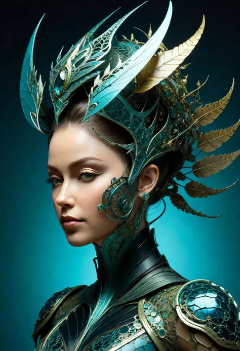 Alien queen portrait, interweaving techno-anatomical and fractal elements, fusion of Raymond Briggs' character design and Ellen Jewett's intricate sculptural craftsmanship, dynamic lighting highlighting multifaceted textures, cinematic postprocessing for an exquisite visual
