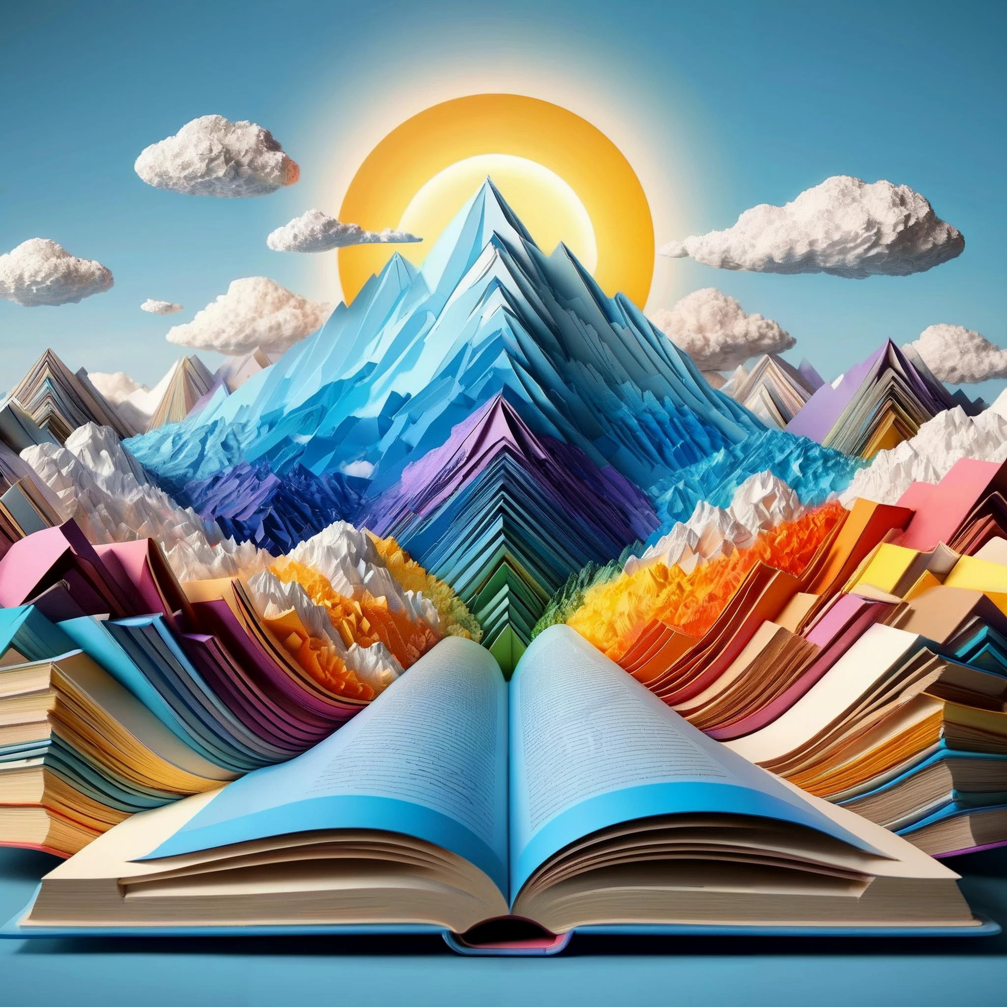 super detailed, 8K,
mountain ranges made of colorful books, clouds, sun,