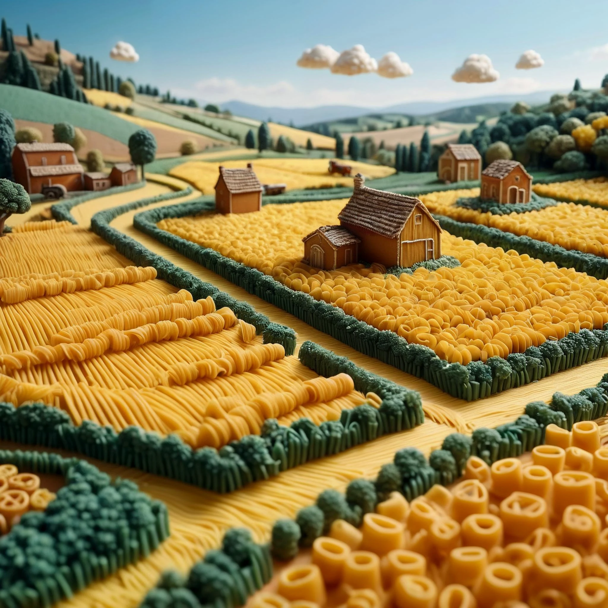 super detailed, 8K,
a countryside landscape where everything is made of pasta