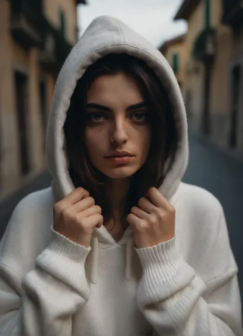 8k moody portrait photo of a beautiful italian woman wearing a white wool hoodie