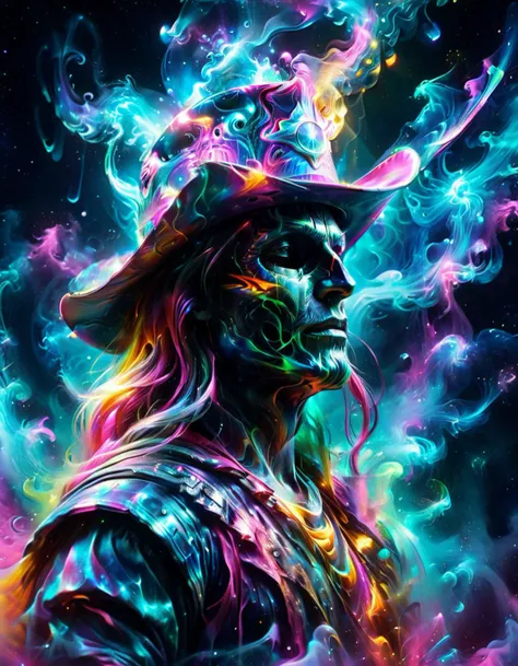 ((hyper abstract:1.2), vibrant, space opera, LSD, ethereal, smooth, vaporwave, colored smoke:1.5) extreme close up portrait of an ancient god space pirate with cowboy hat and shiny helmet made of exploding galaxies and colorful clouds. SDS_Particle_Flow, smoke, Colorsplash, AuroraStyle.
(masterpiece, highly reflective:1.3)
<lora:sdxl_++:0.5> <lora:SDXLPaintSplash:0.5> <lora:magik_smoke_v1.2:0.5> <lora:SDXLAuroraStyle:0.5>
