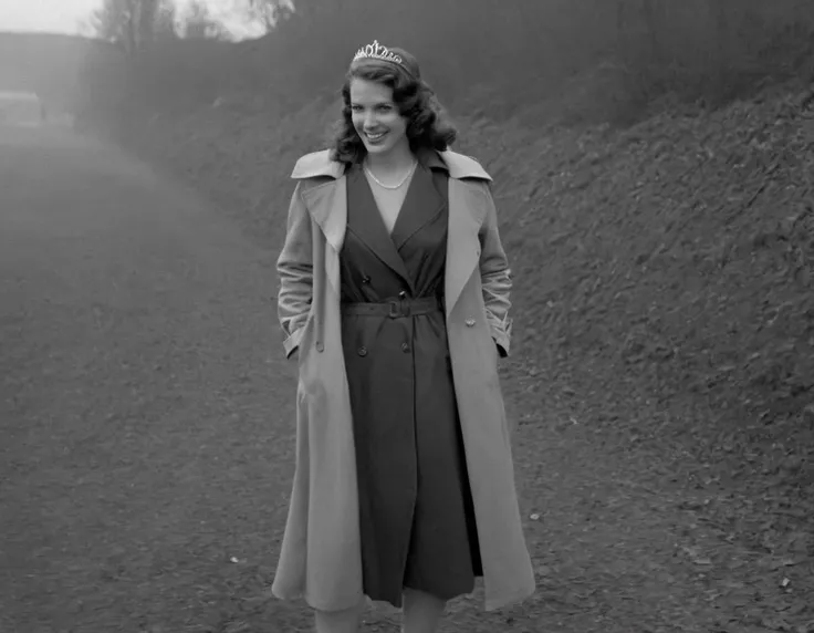 Private Detective Princess, (princess dress:1.5), (tiara:1.5), (Long Trenchcoat:1.5), \(Colt .45 pistol\), (hard-bitten grin:1.5), age 21, Monochromatic, Classic Film Noir style