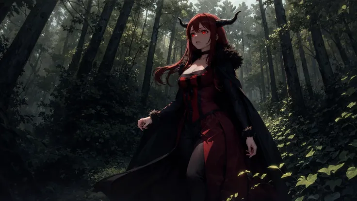 (masterpiece, best quality, high resolution,detailed:1.3), girl <lora:maou-nvwls-v1-final:1> , maou, horns, choker, fur trim, detailed black cape, detailed long red dress, glowing eyes, looking down, bioluminescence, walking towards, demon castle, detailed face, looking away, (forest:1.2),