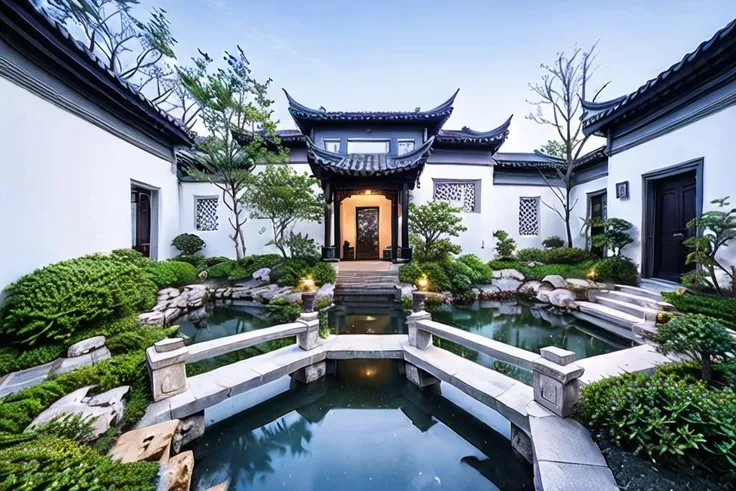 masterpiece, best quality, yuanlin, suzhou garden, traditional chinese garden, zutuan, yuanlin, scenery, tree, ((water pond)), dark theme, high contrast, outdoors, flower, bush, lantern, stairs, plant, road, nature, stone lantern, architecture, path, sky, <lora:SuzhouGarden:0.6>