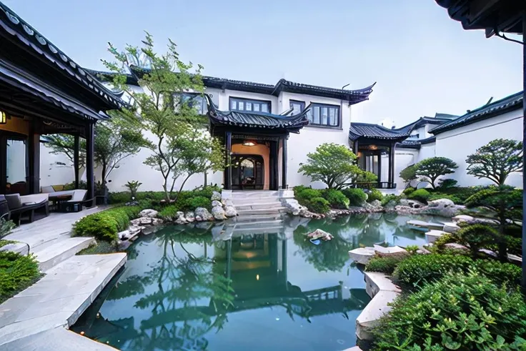 masterpiece, best quality, yuanlin, suzhou garden, traditional chinese garden, zutuan, yuanlin, scenery, tree, ((water pond)), dark theme, high contrast, outdoors, flower, bush, lantern, stairs, plant, road, nature, stone lantern, architecture, path, sky, <lora:SuzhouGarden:0.6>
