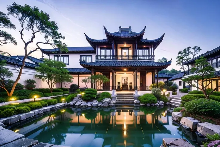 masterpiece, best quality, yuanlin, suzhou garden, traditional chinese garden, zutuan, yuanlin, scenery, tree, ((water pond)), dark theme, high contrast, outdoors, flower, bush, lantern, stairs, plant, road, nature, stone lantern, architecture, path, sky, <lora:SuzhouGarden:0.4>