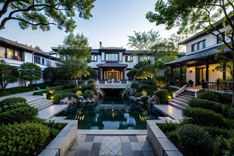 masterpiece, best quality, yuanlin, suzhou garden, traditional chinese garden, zutuan, yuanlin, scenery, tree, ((water pond)), dark theme, high contrast, outdoors, flower, bush, lantern, stairs, plant, road, nature, stone lantern, architecture, path, sky, <lora:SuzhouGarden:0.4>