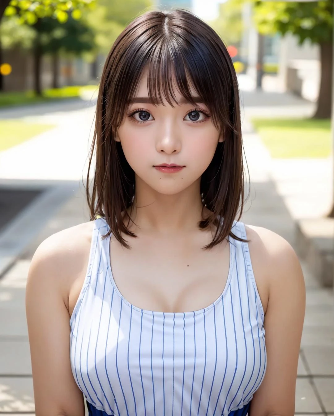 best quality, photorealistic, 8k, high res, full color, 1girl, woman, 20 years old woman, (closed mouth:1.73), (skindentation), (portrait:0.6), trees, park bench, daylight, ((park background:1.52)), full color, ((tanktop jersey:1.78)), looking at viewer:1.8, (1girl eyes looking at viewer:1.55), (medium hair, blackhair, partedbangs:1.45), (bokeh), <lora:AAG-marupi:0.69>