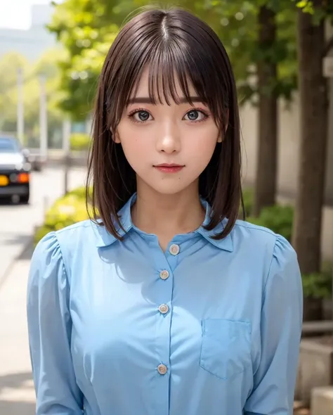 best quality, photorealistic, 8k, high res, full color, 1girl, woman, 20 years old woman, (closed mouth:1.73), (skindentation), (portrait:0.6), trees, park bench, daylight, ((park background:1.52)), full color, ((bluebuttonedshirt:1.58)), looking at viewer:1.8, (1girl eyes looking at viewer:1.55), (medium hair, blackhair, partedbangs:1.45), (bokeh), <lora:AAG-marupi:0.69>