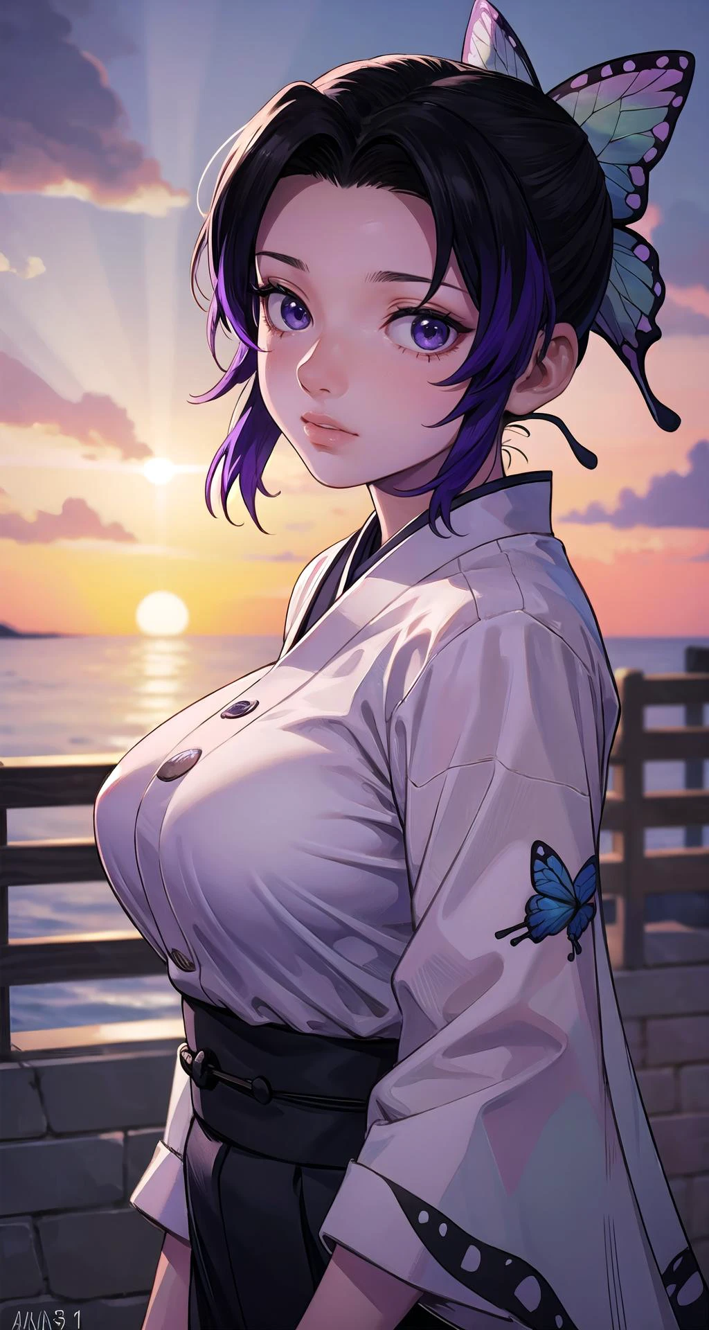 realistic1.49,photorealistic:1.49,film grain:0.4,(masterpiece),(intricate details),1girl,mature female,pale skin,huge breasts:1.49
BREAK
shinobukochou, <lora:shinobukochoutest:1>, shinobu kochou, animal print, black hair, butterfly, butterfly hair ornament, butterfly print, forehead, gradient hair, hair ornament, haori, multicolored hair, parted bangs, purple hair, short hair, two-tone ha
BREAK
sunset,dusk,((cumulonimbus)),((walking on the anywhere)),
((portrait)),from above:1.1,depth of field,looking back