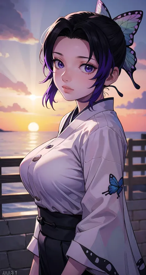 realistic1.49,photorealistic:1.49,film grain:0.4,(masterpiece),(intricate details),1girl,mature female,pale skin,huge breasts:1.49
BREAK
shinobukochou, <lora:shinobukochoutest:1>, shinobu kochou, animal print, black hair, butterfly, butterfly hair ornament, butterfly print, forehead, gradient hair, hair ornament, haori, multicolored hair, parted bangs, purple hair, short hair, two-tone ha
BREAK
sunset,dusk,((cumulonimbus)),((walking on the anywhere)),
((portrait)),from above:1.1,depth of field,looking back