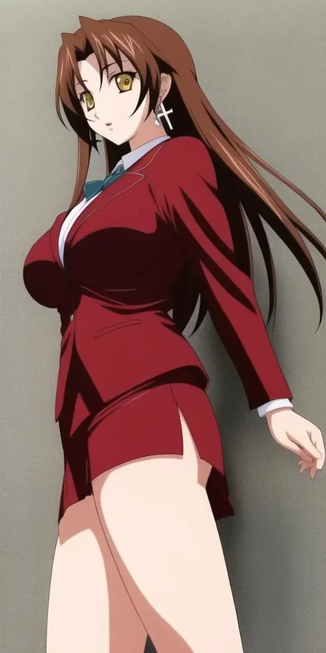 masterpiece, best_quality, highres, <lora:KGEclair:0.7>, KGEclair, yellow_eyes, large_breasts, cross_earrings, single_earring, skirt_suit, solo