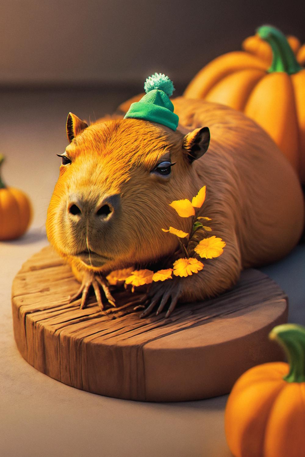 There is a small animal with a hat on sitting on a board - SeaArt AI