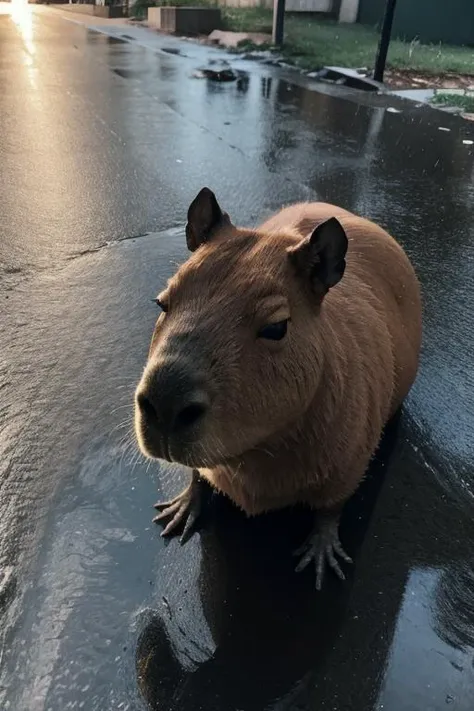 capybara,lying, masterpiece, best quality, ultra-detailed, 8k, highres, absurdres, Amazing, finely detail, best shadow, <lora:capybara-09:1>rain,