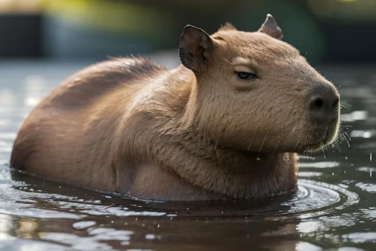 capybara,lying, masterpiece, best quality, ultra-detailed, 8k, highres, absurdres, Amazing, finely detail, best shadow, <lora:capybara-09:1>rain, close up,