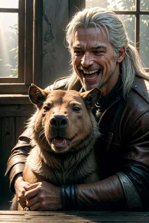 (masterpiece, 8k, natural lighting, soft lighting, sunlight,:1.3) HDR (High Dynamic Range), Maximum Clarity And Sharpness, Multi-Layered Textures,
Geralt serving a giant capybara, ((laughing)), cinematic lighting, film grain,pigtail hair <lora:capi-09:0.6>,perfect detail hands,perfect detail fingers,