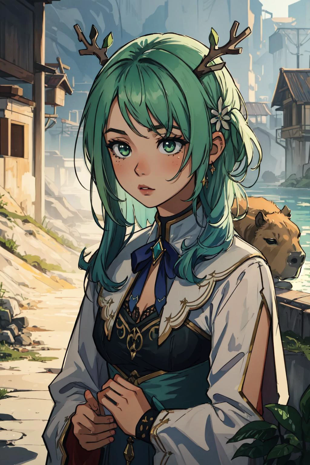 (masterpiece, best quality), intricate details, 8k, artstation, wallpaper, official art, sharp focus,
(1girl:1.2), <lora:ceresFaunaHololive_v1:0.8> 1girl, ceres_fauna, antlers,green hair, BREAK
<lora:capi-09:0.8> capybara,