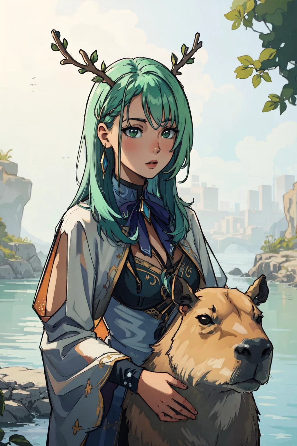 (masterpiece, best quality), intricate details, 8k, artstation, wallpaper, official art, sharp focus,
(1girl:1.2), <lora:ceresFaunaHololive_v1:0.8> 1girl, ceres_fauna, antlers,green hair, BREAK
<lora:capi-09:0.8> capybara,