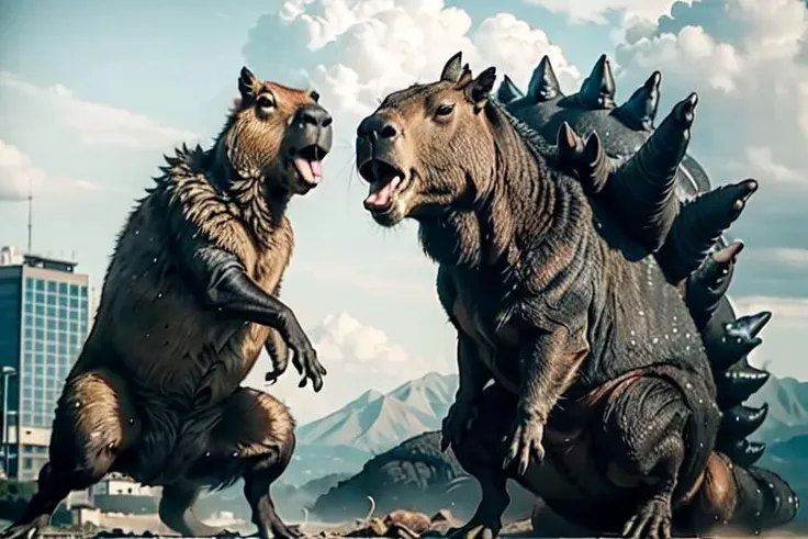 best quality,1 Giant angry capybara, fighting ,1 Godzilla,<lora:capi:0.5>