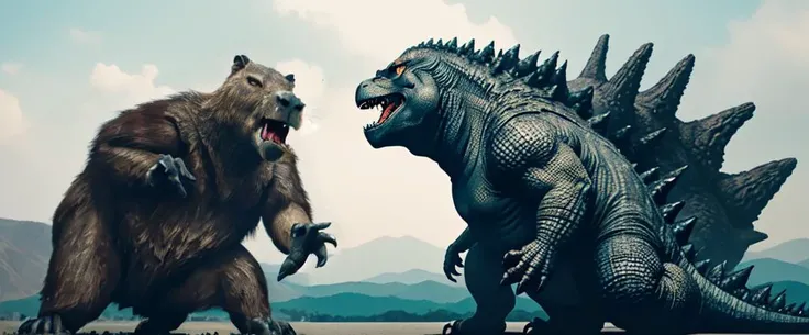 best quality,1 Giant angry capybara, fighting ,1 Godzilla,Afghanistan <lora:capi:0.8>