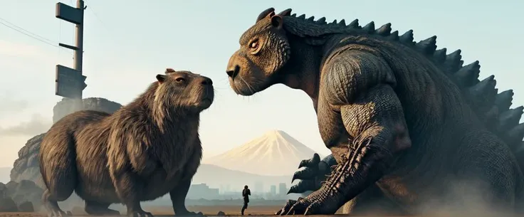 best quality,1 Giant angry capybara, fighting ,1 Godzilla <lora:capi:0.8>