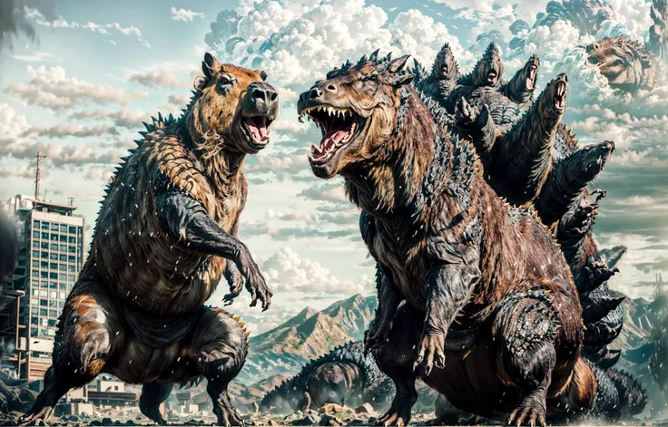 best quality,cinematic lighting,1 Giant angry capybara, fighting ,1 Godzilla,<lora:capi:0.5> <lora:add_detail:1>
