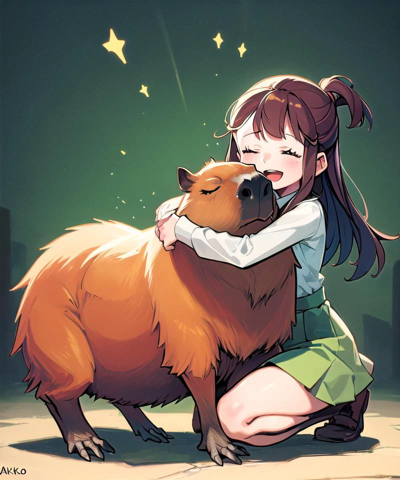 1girl, hugging, capybara, kneeling, closed eyes, :d, akko,
<lora:capi-09:0.75> <lora:akkoepoch9:0.75>