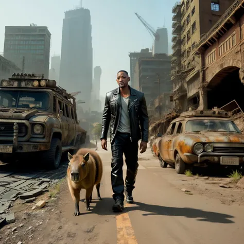 i am legend, Will Smith, black leather jacket, city ruins in the background, destroyed bridge, capybara walks along, highly detailed, [ok i pull up], best quality, high res <lora:capi-09:0.5>