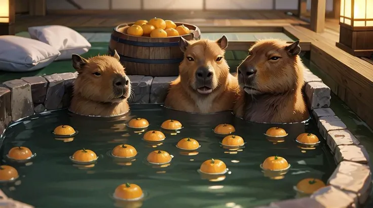 no humans, capybara, multiple capybara, baby capybara, wood barrel, weat wood, japanese nature, thermal pool, hot springs, natural thermal pool, natural hot springs, japanese thermal pool, japanese hot springs, oranges, oranges floating in water, orangein head, cute, high detail, (masterpiece, best quality), intricate details, high detail, detailed skin texture, (goosebumps:0.3), subsurface scattering, vibrant colors, <lora:capi:0.75>