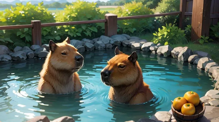 no humans, capybara, multiple capybara, wood barrel, weat wood, japanese nature, thermal pool, hot springs, natural thermal pool, natural hot springs, japanese thermal pool, japanese hot springs, oranges, oranges floating in water, orangein head, cute, high detail, (masterpiece, best quality), intricate details, high detail, detailed skin texture, (goosebumps:0.3), subsurface scattering, vibrant colors, <lora:capi:0.75>
