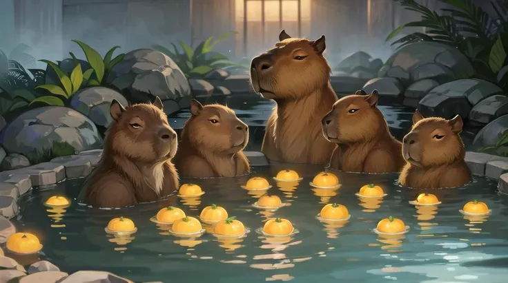 no humans, capybara, multiple capybara, baby capybara, wood barrel, weat wood, japanese nature, thermal pool, hot springs, natural thermal pool, natural hot springs, japanese thermal pool, japanese hot springs, oranges, oranges floating in water, orangein head, cute, high detail, (masterpiece, best quality), intricate details, high detail, detailed skin texture, (goosebumps:0.3), subsurface scattering, vibrant colors, <lora:capi:0.75>