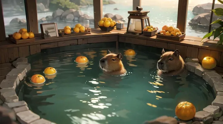 no humans, capybara, multiple capybara, baby capybara, wood barrel, weat wood, japanese nature, thermal pool, hot springs, natural thermal pool, natural hot springs, japanese thermal pool, japanese hot springs, oranges, oranges floating in water, orangein head, cute, high detail, (masterpiece, best quality), intricate details, high detail, detailed skin texture, (goosebumps:0.3), subsurface scattering, vibrant colors, <lora:capi:0.75>