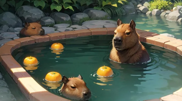 no humans, capybara, multiple capybara, baby capybara, wood barrel, wet wood, japanese nature, thermal pool, hot springs, natural thermal pool, natural hot springs, japanese thermal pool, japanese hot springs, oranges, oranges floating in water, orange in head, cute, high detail, (masterpiece, best quality), intricate details, high detail, detailed skin texture, (goosebumps:0.3), subsurface scattering, vibrant colors, <lora:capi:0.75>