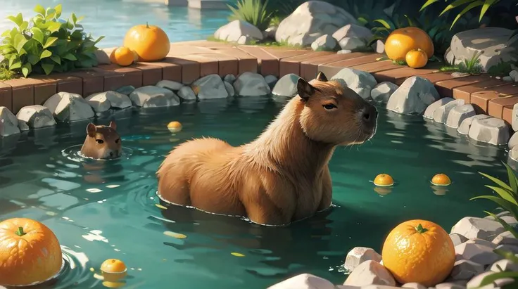 no humans, capybara, multiple capybara, baby capybara, wood barrel, weat wood, japanese nature, thermal pool, hot springs, natural thermal pool, natural hot springs,  japanese thermal pool, japanese hot springs, oranges, oranges floating in water, orangein head, cute, high detail, (masterpiece, best quality), intricate details, high detail, detailed skin texture, (goosebumps:0.3), subsurface scattering, vibrant colors, <lora:capi:0.75>