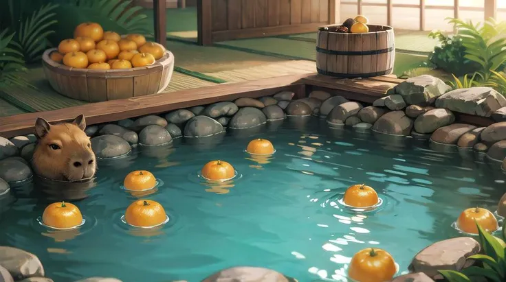 no humans, capybara, multiple capybara, wood barrel, weat wood, japanese nature, thermal pool, hot springs, natural thermal pool, natural hot springs, japanese thermal pool, japanese hot springs, oranges, oranges floating in water, orangein head, cute, high detail, (masterpiece, best quality), intricate details, high detail, detailed skin texture, (goosebumps:0.3), subsurface scattering, vibrant colors, <lora:capi:0.75>