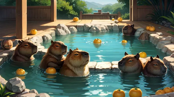 no humans, capybara, multiple capybara, wood barrel, weat wood, japanese nature, thermal pool, hot springs, natural thermal pool, natural hot springs, japanese thermal pool, japanese hot springs, oranges, oranges floating in water, orangein head, cute, high detail, (masterpiece, best quality), intricate details, high detail, detailed skin texture, (goosebumps:0.3), subsurface scattering, vibrant colors, <lora:capi:0.75>