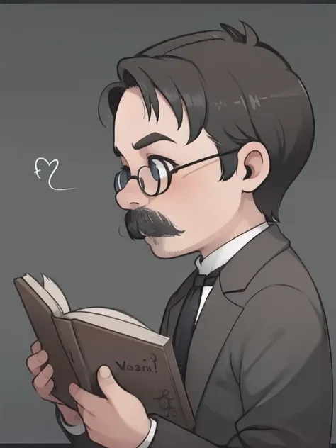 masterpiece, best quality,
dark background,
1boy, friedrichnietzsche, huge mustache, wrinkled skin, from side, very short hair, reading book,
upper body, glasses, fading border, 
 <lora:FriedrichNietzsche:0.8>
<lora:LowRA_Dark:0.4>,