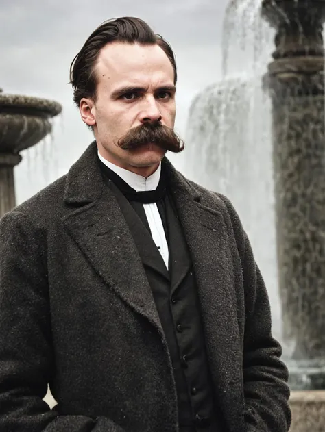 <lora:FriedrichNietzsche:0.7> friedrichnietzsche, thick moustache, forehead, coat, white shirt, (standing by the fountain:1.1), (intricate details:0.9), (hdr, hyperdetailed:1.2), (natural skin texture, hyperrealism, soft light, sharp), (intricate details:0.9), (hdr, hyperdetailed:1.2), (natural skin texture, hyperrealism, soft light, sharp)