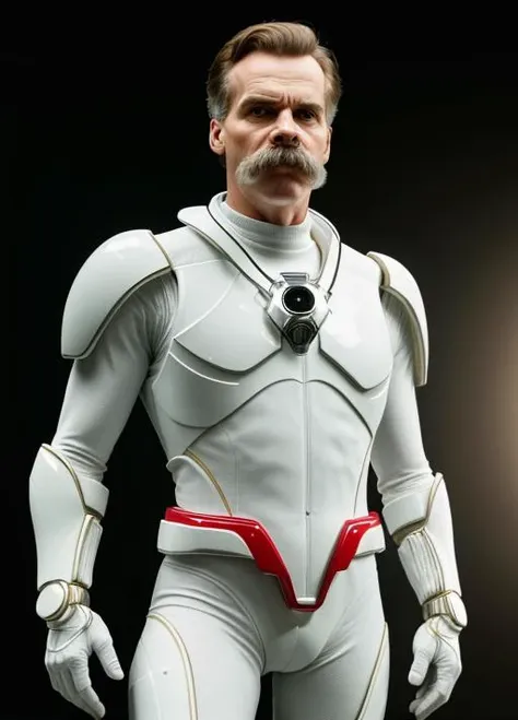 masterpiece, best quality, highest quality, photorealistic, color photo, high contrast, detailed anatomy, detailed face, detailed eyes, highres, absurdres, ultra detailed, depth of field, full body shot, RAW photo, photo of friedrichnietzsche, in color, ((in pristine white power ranger suit)), on a space ship, command bridge, white cats, fighting stance, rim lighting, two tone lighting, dimly lit, low key,