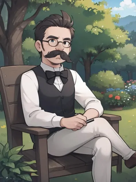 masterpiece, best quality,
outdoors, garden,
mature male, solo, sitting, crossed legs,
friedrichnietzsche, huge mustache, wrinkled skin, very short hair, white shirt, bowtie,
<lora:FriedrichNietzsche:0.8>
<lora:LowRA_Dark:0.4>,