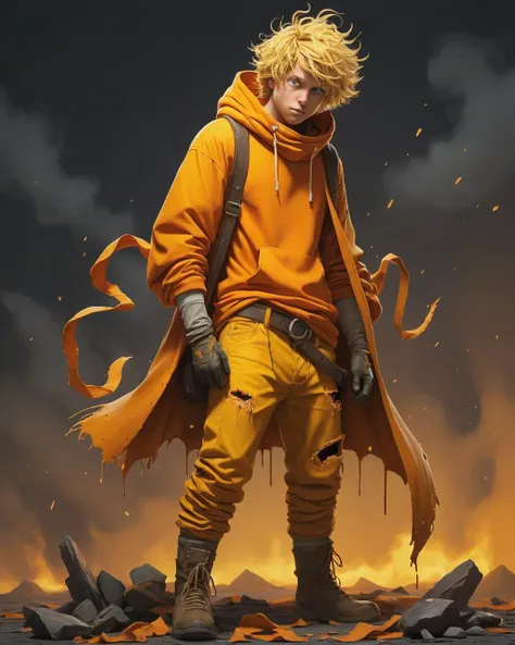 <lora:whos_in_whoville:1> whos in whoville, yellow, concept art, (dark orange theme:0.7) , Cosplayer (Kenny McCormick:1.3) , Plain, Kenny McCormick is wearing his Alluring torn pants, The torn pants is inspired by the Dark Souls game, fashion modeling pose, beautiful, Panorama, by artgerm, julie bell, beeple, trending on artstation, Masterpiece, Vaporpunk, bold lettering, Concept Art World, arthouse